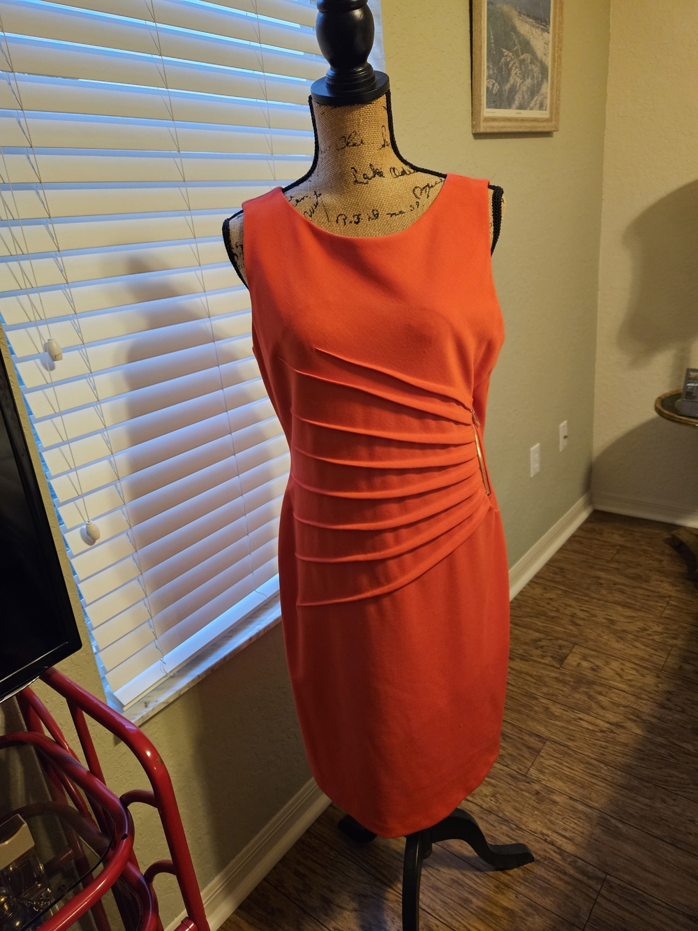 Sleeveless Orange Pleated Sheath Dress